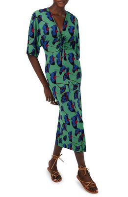 DVF Valerie Floral Ruched Tie Front Midi Dress in Falling Gingko Venus Gn Lg