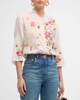 Dyllan Floral-Embroidered Georgette Blouse