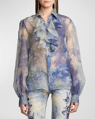 Dylon Wildflower-Print Silk Gazaar Button-Front Shirt
