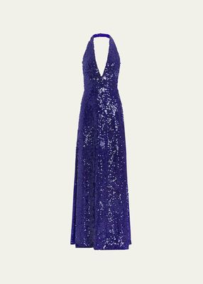 Eartha Sequin-Embellished Halter Gown