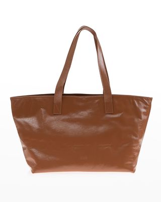 East-West Shiny Leather Tote Bag