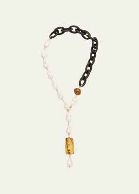 Ebony Wood, Freshwater Baroque Pearl and Amber Y-Drop Necklace