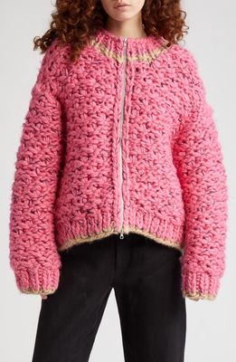 Eckhaus Latta Hand Knit Wool & Cotton Bomber Sweater in Hibiscus