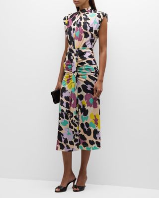 Eclectica Printed Padded-Shoulder Midi Dress