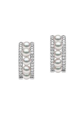 Eclipse 18K White Gold, Akoya Pearl & 0.38 TCW Diamond Hoop Earrings