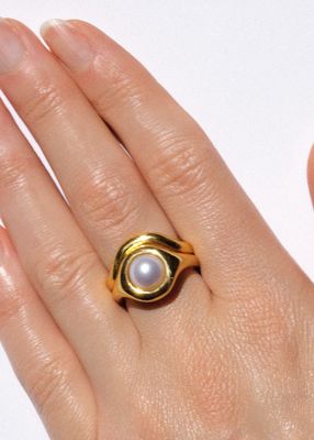 Eclipse Pearl Ring Set Of 2- Freshwater Pearl In 18K Vermeil And Stacking Band