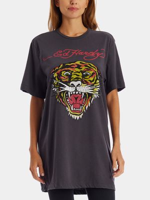 Ed Hardy Women's Retro Tiger Head T-Shirt Dress in Faded Black