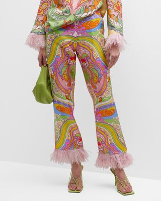 Eden Floral Paisley Silk Feather-Cuff Pants