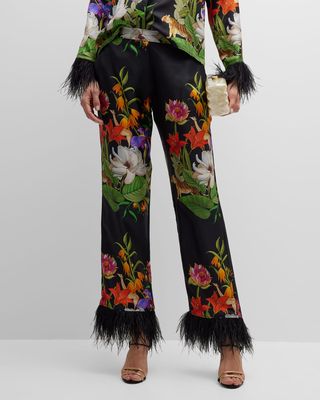 Eden Floral Silk Feather-Trim Trousers