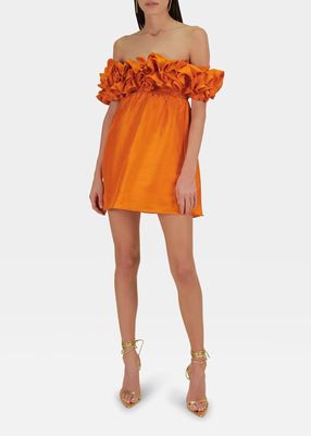 Edie Off-Shoulder Ruffle Mini Silk Dress