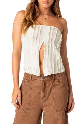 EDIKTED Algae Ruffle Split Front Strapless Top in Cream