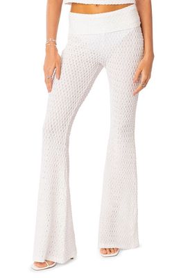EDIKTED Amalia Textured Knit Foldover Flare Pants in White