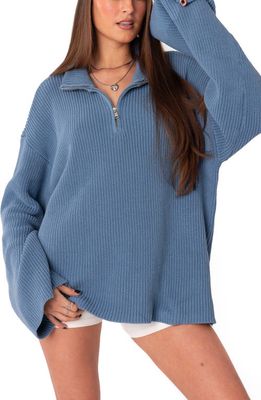 EDIKTED Amour Oversize Knit Quarter Zip Cotton Pullover in Blue