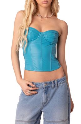 EDIKTED Aniyah Strapless Faux Leather Corset Top in Turquoise