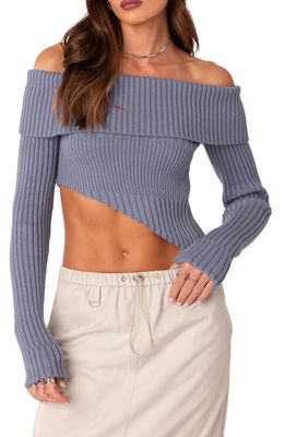 EDIKTED Asymmetric Off the Shoulder Rib Sweater in Blue