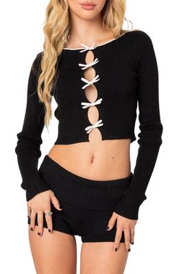 EDIKTED Billy Bow Cutout Rib Crop Top in Black-And-White
