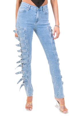 EDIKTED Buckle Up Stretch Skinny Jeans in Blue