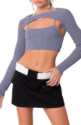 EDIKTED Cable Stitch Two-Piece Crop Camisole & Shrug Sweater in Blue