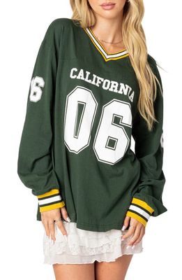 EDIKTED Cali 06 Oversize Long Sleeve Cotton Graphic Football T-Shirt in Green