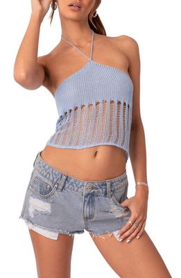 EDIKTED Crochet Knit Halter Top in Light-Blue