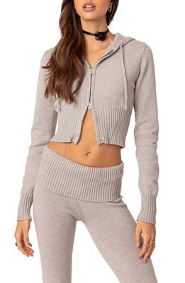 EDIKTED Desiree Crop Zip-Up Sweater Hoodie in Gray-Melange