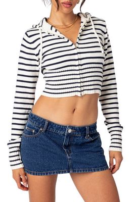 EDIKTED Desiree Stripe Crop Hoodie Cardigan in Navy-And-White