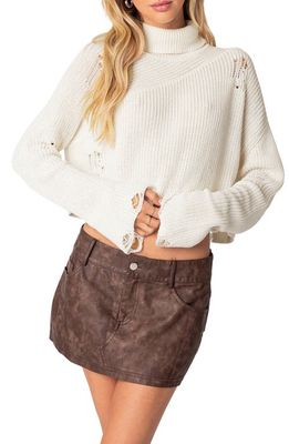EDIKTED Distressed Rib Cotton Turtleneck Sweater in Cream