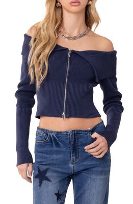 EDIKTED Double Zip Fold Over Off the Shoulder Crop Sweater in Blue