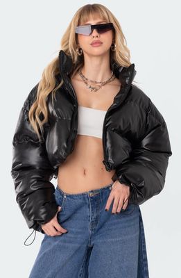 EDIKTED Dusk Crop Faux Leather Puffer Jacket in Black