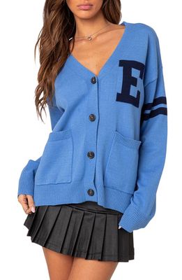 EDIKTED Emmett Oversized Varsity Cardigan in Blue