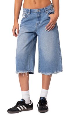 EDIKTED Fallen Angel Rigid Denim Long Bermuda Shorts in Blue-Washed