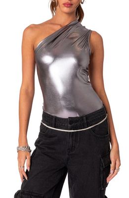 EDIKTED Feona Metallic One-Shoulder Bodysuit in Silver