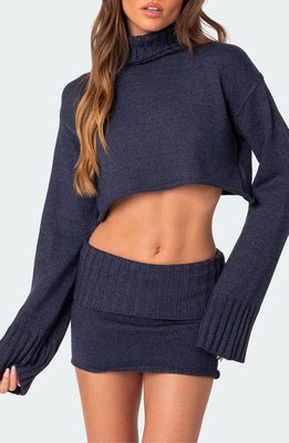 EDIKTED Gino Crop Turtleneck Sweater in Blue-Melange