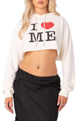 EDIKTED I Love Me Cropped Graphic Hoodie in Beige