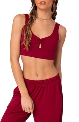 EDIKTED Jayla Ruched Cutout Crop Top in Burgundy