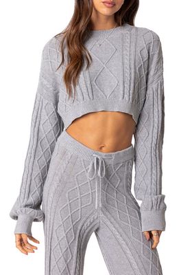 EDIKTED Kasey Cable Stitch Crop Sweater in Gray-Melange