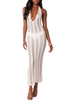 EDIKTED Kaylee Stripe Distressed Halter Dress in White