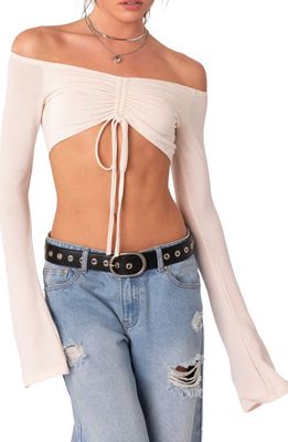 EDIKTED Kirby Ruched Off the Shoulder Crop Top in Cream
