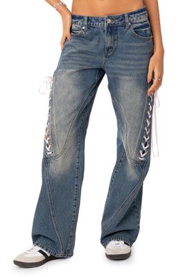 EDIKTED Lace-Up Knee Low Rise Wide Leg Jeans in Blue