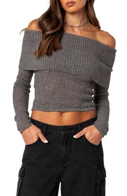 EDIKTED Lili Foldover Off the Shoulder Crop Sweater in Gray-Melange