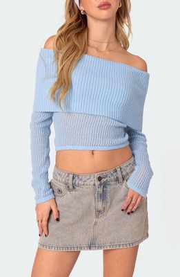 EDIKTED Lili Foldover Off the Shoulder Crop Sweater in Light-Blue