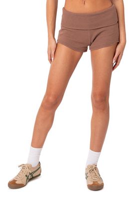 EDIKTED Lizzy Foldover Waffle Knit Shorts in Brown