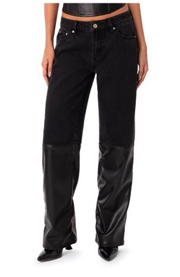 EDIKTED Low Rise Half Faux Leather Jeans in Black