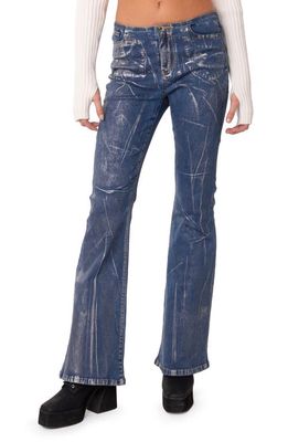 EDIKTED Metallic Coated Low Rise Flare Jeans in Mix