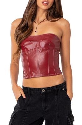 EDIKTED Moss Lace-Up Strapless Faux Leather Corset Top in Burgundy