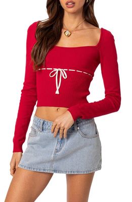 EDIKTED Natasha Square Neck Long Sleeve Knit Top in Red