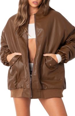 EDIKTED Oversize Faux Leather Bomber in Brown