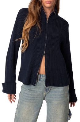EDIKTED Oversize Zip Rib Cardigan in Navy