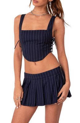 EDIKTED Pinstripe Side Lace-Up Corset Crop Top in Navy