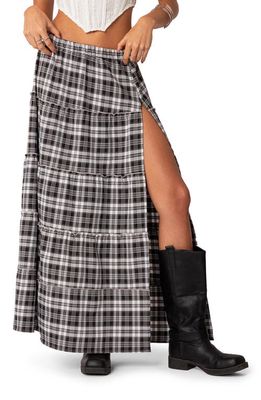 EDIKTED Plaid Tiered Slit Maxi Skirt in Black-And-White